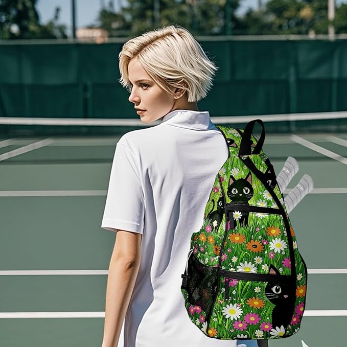 Pickleball Bag Cartoon Cats Green Pickle Ball Backpack for Women Men Premium Lightweight Crossbody Sling Bag Sports Backpack for Pickleball Paddle Tennis