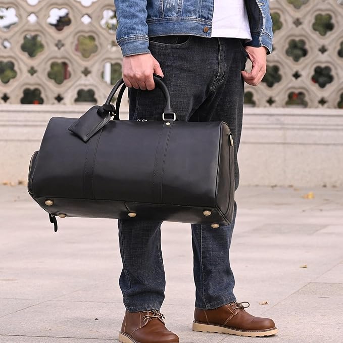 Leather Duffel Bags for Men and Women 20 Inch Full Grain Leather Travel Overnight Weekend Leather Bags Travel Duffel for Men, 9804 Black