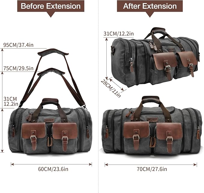 Wildroad 60L Travel Duffel Bag, Expandable Canvas Genuine Leather Duffle Bag Upgraded Overnight Weekender Bag Carry on Bag