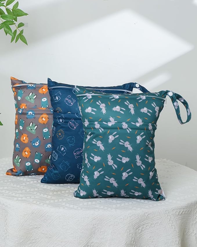 ALVABABY 3pcs Cloth Diaper Wet Dry Bags Waterproof Reusable with Two Zippered Pockets Travel Beach Pool Daycare Soiled Baby Items Yoga Gym Bag for Swimsuits or Wet Clothes 3L-ZM31