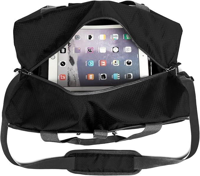 Bago Foldable Duffel Bags for Traveling Women & Men - 40L Sports Packable Duffle Bag for Travel with Shoe Compartment - Water Repellant, Heavy Duty, Lightweight Folding & Collapsible (All Black)