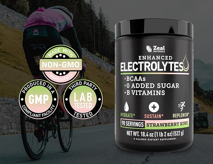 Zeal Electrolyte Powder - 90 Servings | Keto Electrolytes Powder | Zero Sugar, BCAAs, B-Vitamins | Potassium, Zinc, Magnesium | Hydration Powder Recovery Drink | Strawberry Kiwi