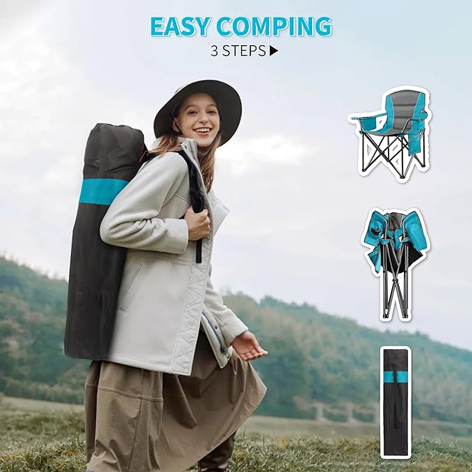 2 Pack Padded Oversized Camping Chairs for Adults,Heavy Duty Support 400 Lbs,Folding Portable Lawn Chair w/Cup Holder,Cooler Bag,Side Pocket,Perfect for Outdoor Picnic,Hiking(Blue&Black)