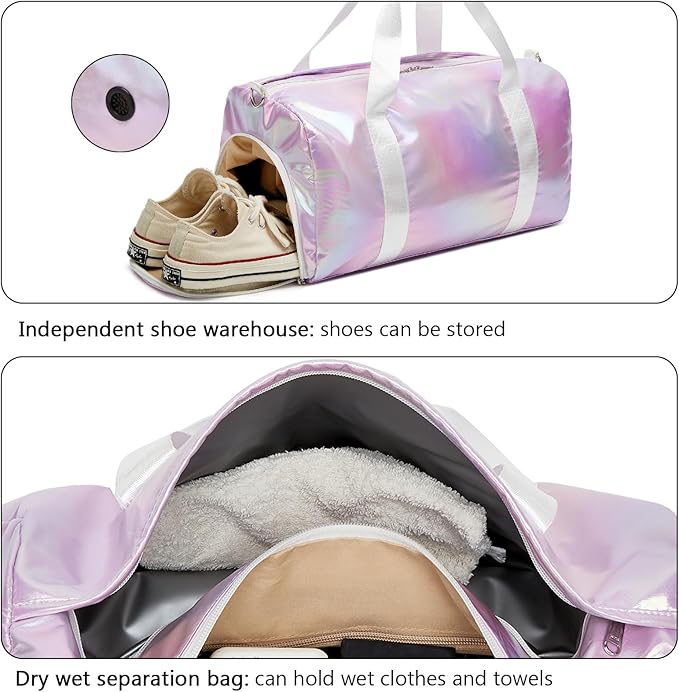 ZHIERNA Sports Gym Dance Bag for Women Girls, Shimmery Waterproof Duffle Travel Bag With Shoes Compartment and Wet Dry Pocket (Purple)