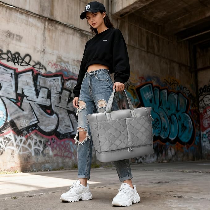 Weekender Bag for Women Men, Large Overnight Bag Faux Leather Travel Duffel Bag with Shoe Compartment Toiletry Packing Cube Carry On Bag Fit 21" Laptop 3Pcs Set (2PCS Grey)