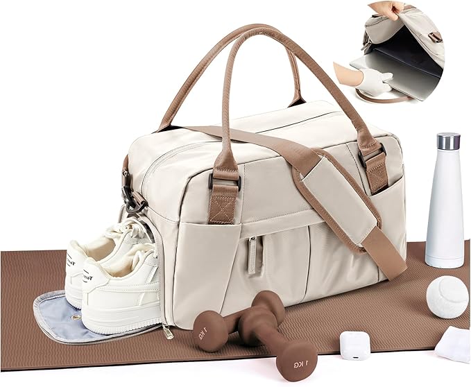Small Gym Bag with Shoe Compartment, Workout Sport Duffle Bag for Women Travel,Waterproof Shoulder Overnight Bag Lightweight Carry on Tote Bag for Swim, Yoga, Dance, Beige