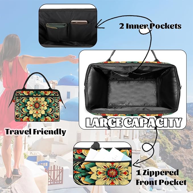Travel Duffle Bag, Ethnic Mandala Floral Overnight Weekender Tote Bag for Women Men Waterproof Carry On Luggage with Zipper Lightweight Sport Gym Bag for Traveling Yoga Camping Traveling Gifts