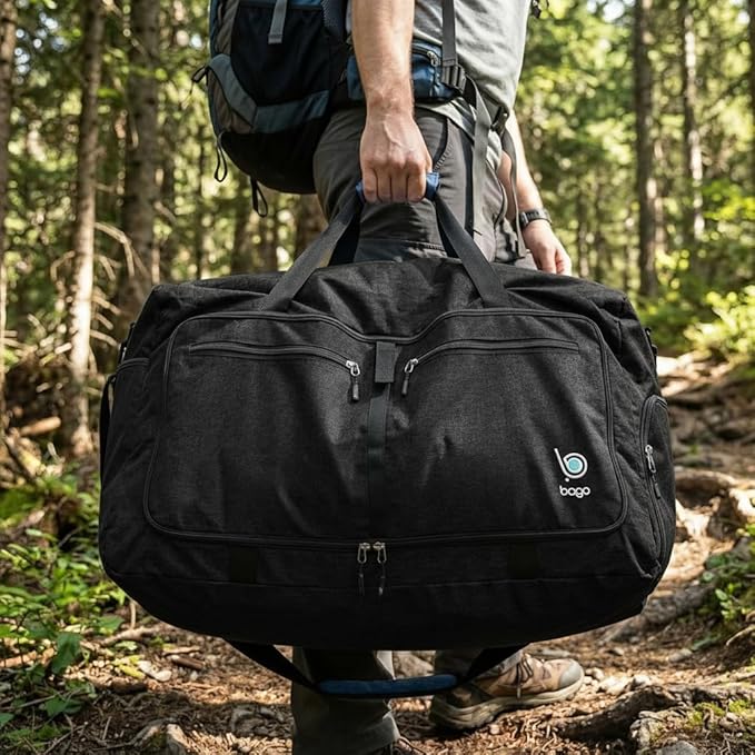 Bago Large Foldable Duffel Bags for Traveling Women & Men - 80L Packable Duffle Bag for Travel with Shoe Compartment - Water Repellant, Heavy Duty, Lightweight Folding & Collapsible (All Black)