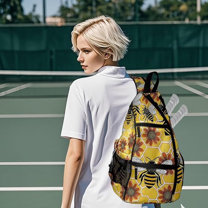 Pickleball Bag Bee Floral Yellow Pickle Ball Backpack for Women Men Premium Lightweight Crossbody Sling Bag Sports Backpack for Pickleball Paddle Tennis