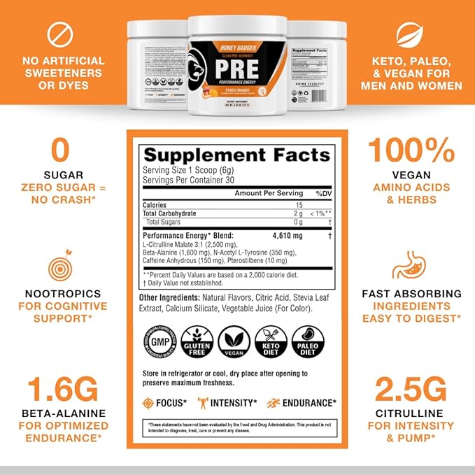 Honey Badger Pre Workout Powder, Keto Vegan Preworkout for Men & Women, Beta Alanine & Caffeine, Sugar Free Natural Energy Supplement, Peach Mango, 30 Servings