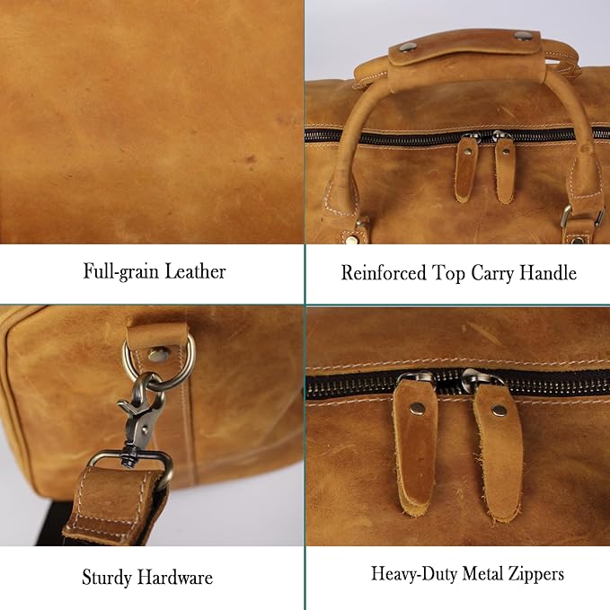 Vintage Crazy Horse Leather Travel Duffel Bag with Shoe Compartment Multi-Carry Duffle +Brass Anti-Scratch Feet/Business/Casual/Travel(5096-Yellow)