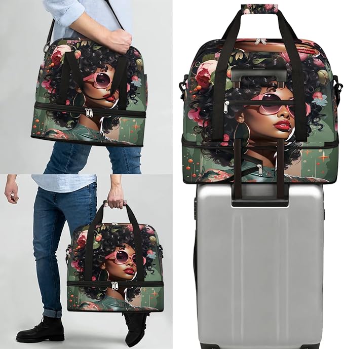 Travel Duffle Bags With Shoes Compartment for Women Men African Women Lightweigh Sports Tote Gym Bag Fashion Foldable Canvas Weekender Overnight Carry On Luggage Handle Bag