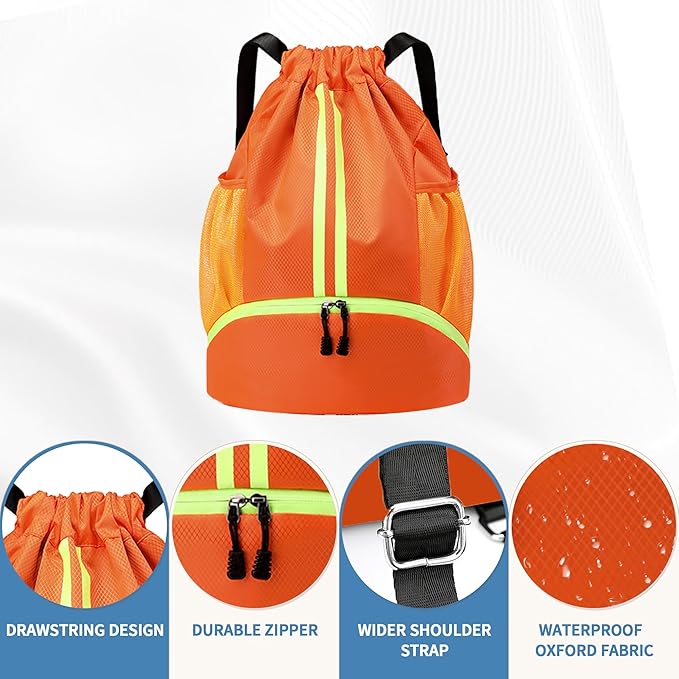 Drawstring Backpack Gym Bag with Shoes Compartment for Soccer, Basketball, Swim, Water-Resistant String Backpack Beach Cinch for Women Men, Orange