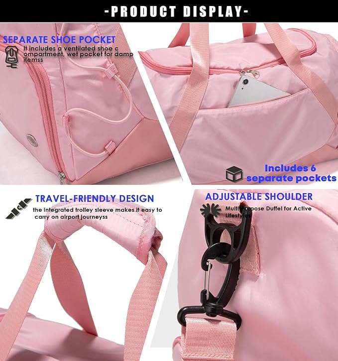 Gym Bag for Women Men Duffle Bag for Travel with Shoes Compartment and Wet Pocket Small Carry on Weekender Bags for Sports Overnight Fitness Yoga Dance Workout Swimming Hospital Tote (Pink)