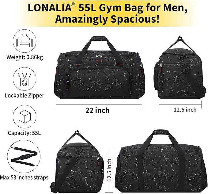 55L Large Gym Duffle Bag for Men - 22 inch Men's Sports Bag Heavy Duty Duffel Bag(Marble Black)