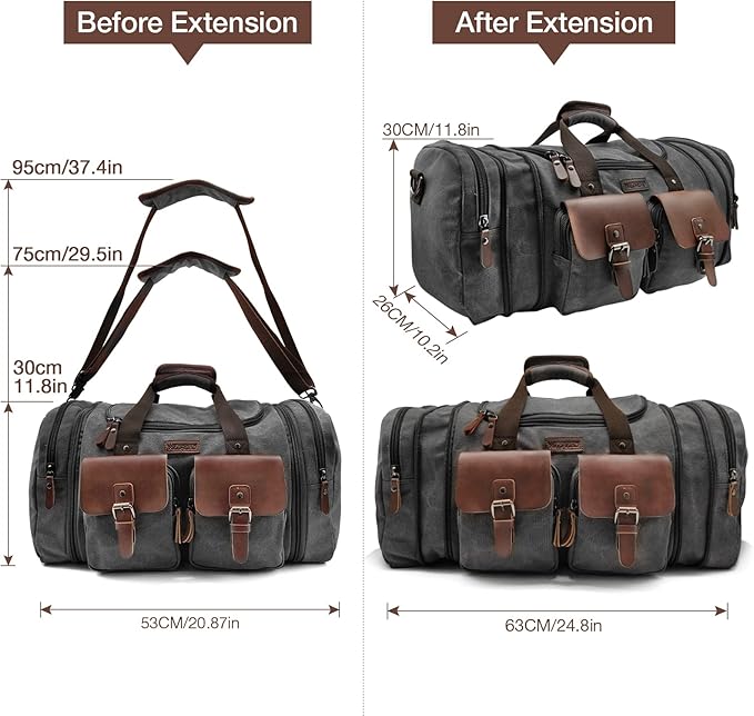 Wildroad 50L Travel Duffel Bag, Expandable Canvas Genuine Leather Duffle Bag Upgraded Overnight Weekender Carry on Bag