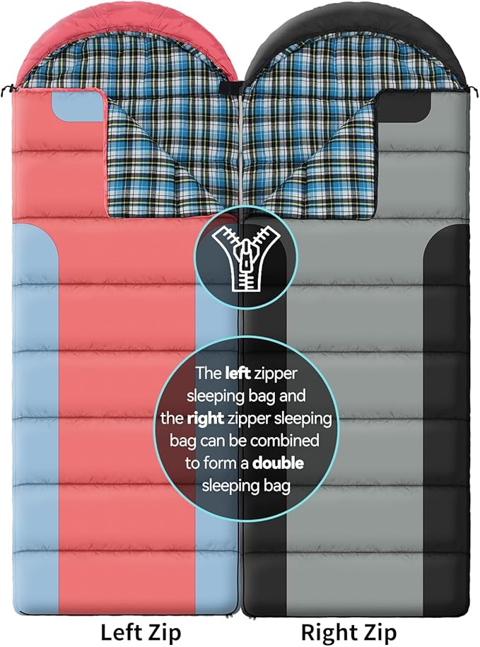 Cotton Flannel Lined Sleeping Bag for Adults Teens Kids, Cold Weather &Warm, 3 Seasons, Lightweight Compact Camping Essentials Equipment, Hiking, Outdoor, Travel