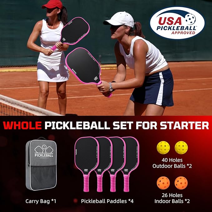 BAGAIL Pickleball Paddles, USAPA Approved Fiberglass Surface Pickleball Set, Lightweight Pickle Ball Rackets with 4 Balls, 1 Bag, Designed in California for Traction and Stability
