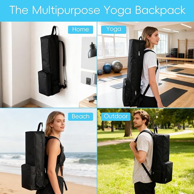 Yoga Mat Bag -Yoga Mat Bag Carrier with Pockets and Adjustable Strap, Lightweight Waterproof Yoga Mat Backpack for Women and Men, Fits Yoga Mats and Yoga Accessories for Workouts(Black)