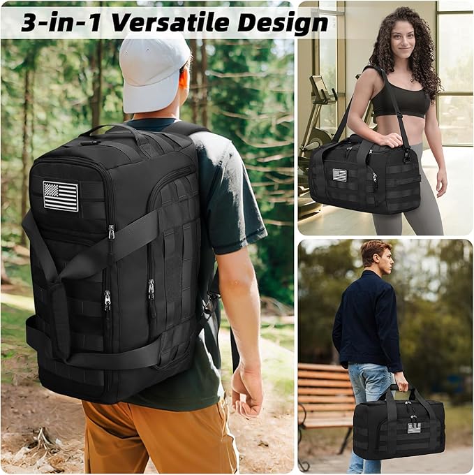 ZOMFELT Tactical Gym Bags for Men, Carry On Luggage 22x14x9 Airline Approved, 45L Duffle Bag with Removable Dividers & Innovative Shoe Compartment, Travel Duffel Gym Backpack, Black