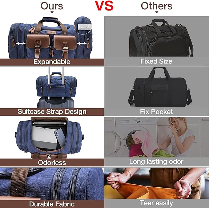 Wildroad 60L Travel Duffel Bag, Expandable Canvas Genuine Leather Duffle Bag Upgraded Overnight Weekender Bag Carry on Bag