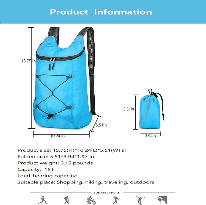 16L Lightweight Foldable Hiking-Backpack Small Packable-Daypack For Travel,Ultralight Water-Resistant Gym Bag Men Women Easy Carry-on (Blue)