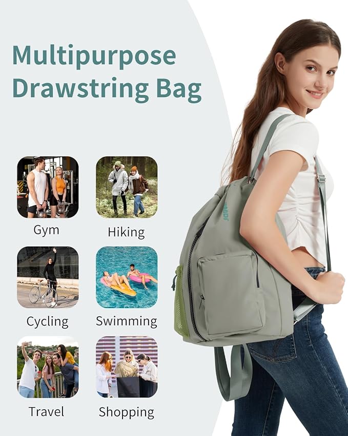 WANDF Drawstring Backpack Sports Gym Bag with Shoes Compartment, Water-Resistant String Beach Sackpack Swim Bag for Women and Men (Dark Green)