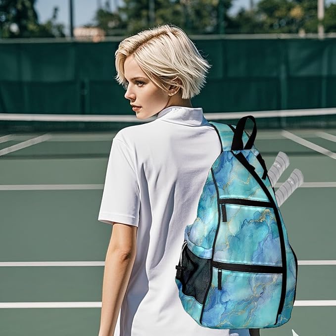 Pickleball Bag Marble Blue Pickle Ball Backpack for Women Men Premium Lightweight Crossbody Sling Bag Sports Backpack for Pickleball Paddle Tennis