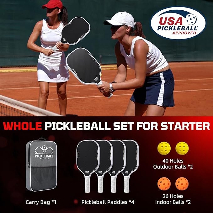 BAGAIL Pickleball Paddles, USAPA Approved Fiberglass Surface Pickleball Set, Lightweight Pickle Ball Rackets with 4 Balls, 1 Bag, Designed in California for Traction and Stability