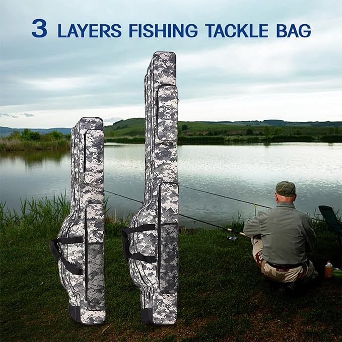 3 Layers Fishing Pole Bag,Portable 3 Layers Oxford Folding Rod Carry Case,Fishing Reel Tackle Storage Bag Case