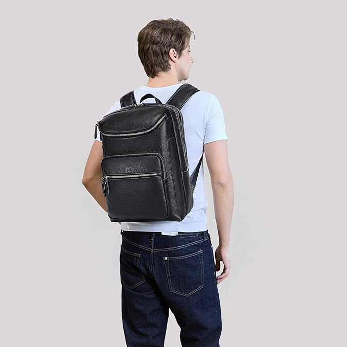 LANNSYNE Leather Backpack For Men, 15.6" Leather Laptop Backpack Hiking Travel Bag Camping Rucksack