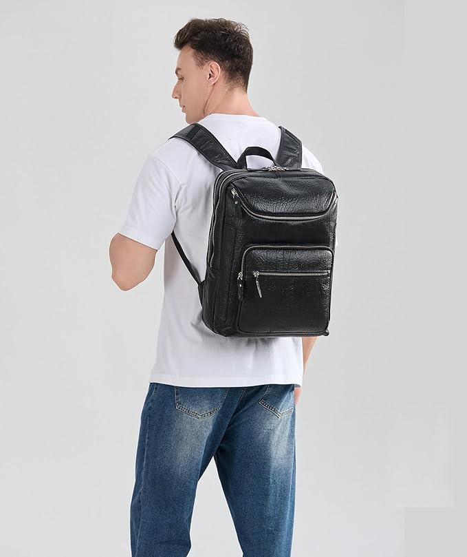 LANNSYNE Full Grain Leather Backpack For Men, 15.6" Leather Laptop Backpack Hiking Travel Bag Camping Rucksack