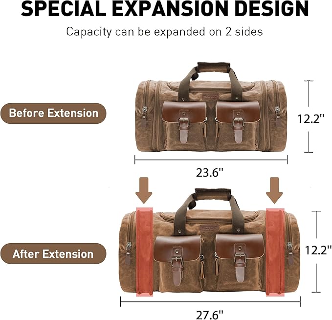 Wildroad Waxed Canvas Duffle Bag - 60L Waterproof Genuine Leather Weekender Overnight Travel Hand Bag