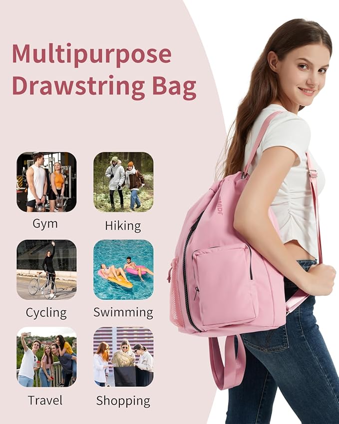 WANDF Drawstring Backpack Sports Gym Bag with Shoes Compartment, Water-Resistant String Beach Sackpack Swim Bag for Women and Men (Pink) | Water-Resistant, Swim Bag