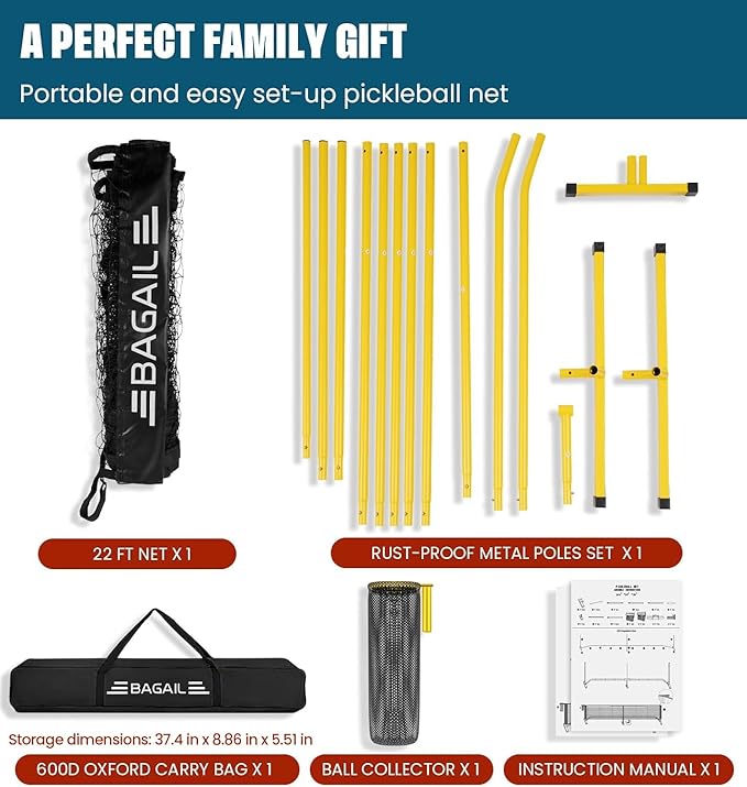 BAGAIL Portable Pickleball Net Set, 22 FT Regulation Size Pickle Ball Net with Ball Collector, 4 Balls and Carry Bag, Easy Setup for Outdoor Indoor Driveway