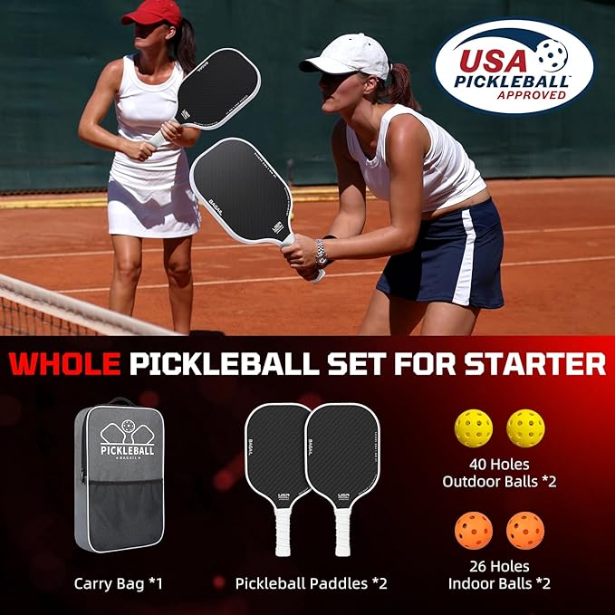 BAGAIL Pickleball Paddles, USAPA Approved Fiberglass Surface Pickleball Set, Lightweight Pickle Ball Rackets with 4 Balls, 1 Bag, Designed in California for Traction and Stability