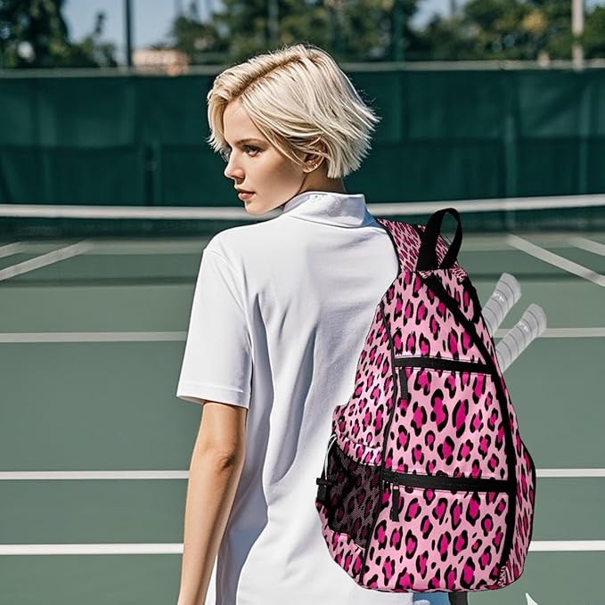 Brown Leopard Print Premium Nylon Pickleball Backpack, 3-in-1 Convertible Shoulder Crossbody Sling Bag for Women Men, Lightweight Bag Fits 2-4 Pickleball Paddles & Tennis Sports Gear