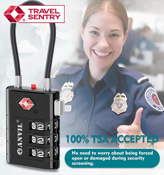 ANVIL TSA Approved Luggage Locks – High Security TSA008 Combination Travel Locks with Inspection Indicator for Suitcases and Backpacks. (1, Black)