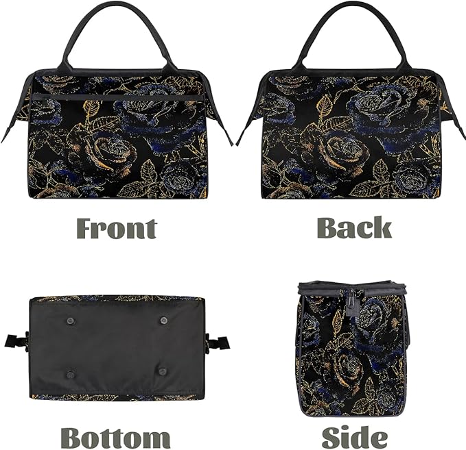 Flower Gold Blue Rose Travel Duffle Bag, Overnight Weekender Tote Bag for Women Men Waterproof Carry On Luggage with Zipper Lightweight Sport Gym Bag for Traveling Yoga Camping Traveling Gifts