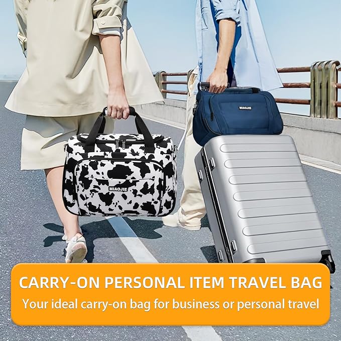 Underseat Carry On Luggage Lightweight Travel Tote Weekender Bag Overnight Duffle Bag for Travel, Travel Essentials Personal Item Travel Bag for Women and Men, Cow Pattern-16Inch