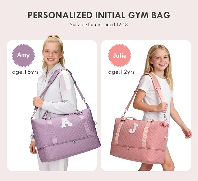 WOOMADA Initial Duffle Bag with Shoe Compartment,Personalized Weekender Bag, Overnight Bag for Women Girls, Gym Bag with Toiletry Bag