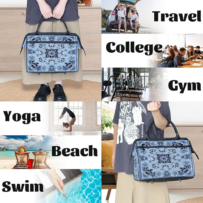 Travel Duffle Bag, Ethnic Mandala Blue Flowers Overnight Weekender Tote Bag for Women Men Waterproof Carry On Luggage with Zipper Lightweight Sport Gym Bag for Traveling Yoga Camping Traveling Gifts