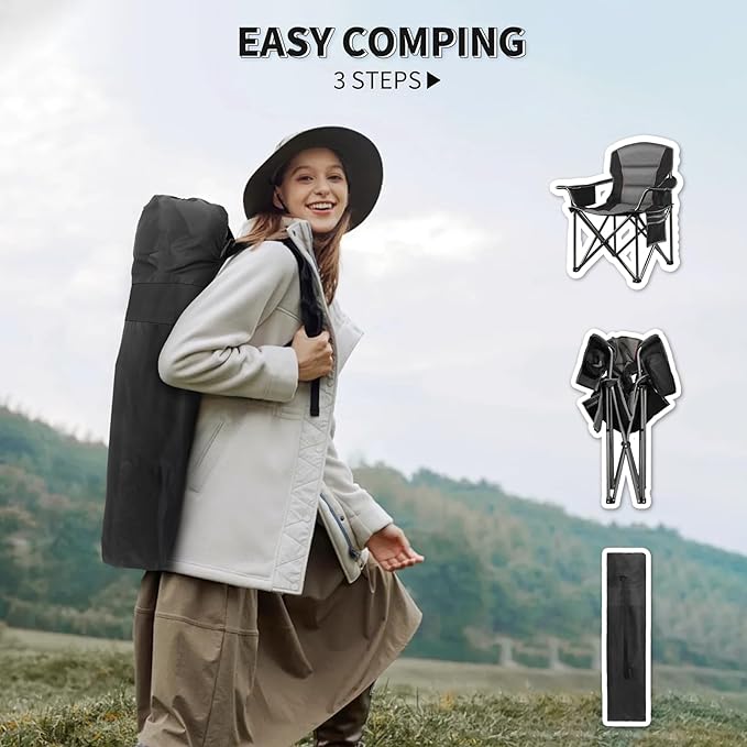 2 Pack Padded Oversized Camping Chairs for Adults,Heavy Duty Support 400 Lbs,Folding Portable Lawn Chair w/Cup Holder,Cooler Bag,Side Pocket,Perfect for Outdoor Picnic,Hiking(Black)