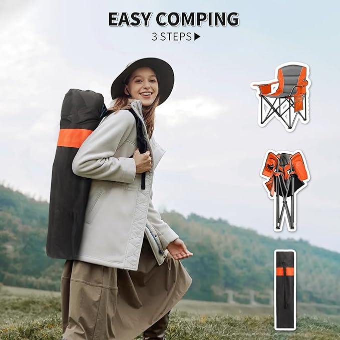 Oversized Padded Camping Chairs for Adults,Heavy Duty Support 400 Lbs,Folding Portable Lawn Chair w/Cup Holder,Cooler Bag,Side Pocket,Perfect for Outdoor Picnic,Hiking(Orange)