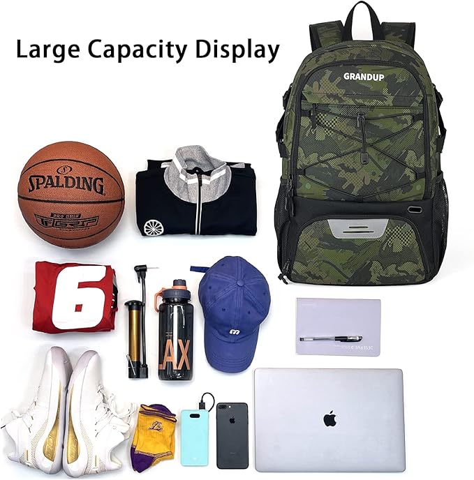 GRANDUP Basketball backpack with ball and shoes compartment Fit Volleyball, soccer, Swim, Gym, Travel, and School, large capacity sports training equipment bags