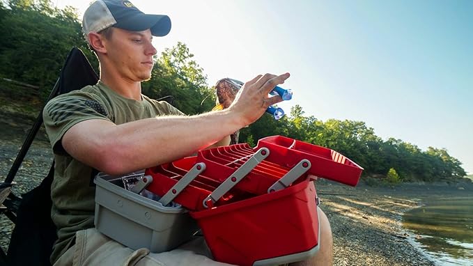 Flambeau Outdoors 6383TB 3-Tray Tackle Box - Classic Fishing Lure Storage Organizer, Large Portable Tackle Box, 32 Tray Compartments, Red/Gray