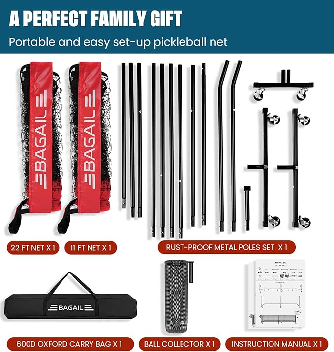 BAGAIL Portable Pickleball Net Set, 22 FT Regulation Size Pickle Ball Net with Ball Collector, 4 Balls and Carry Bag, Easy Setup for Outdoor Indoor Driveway