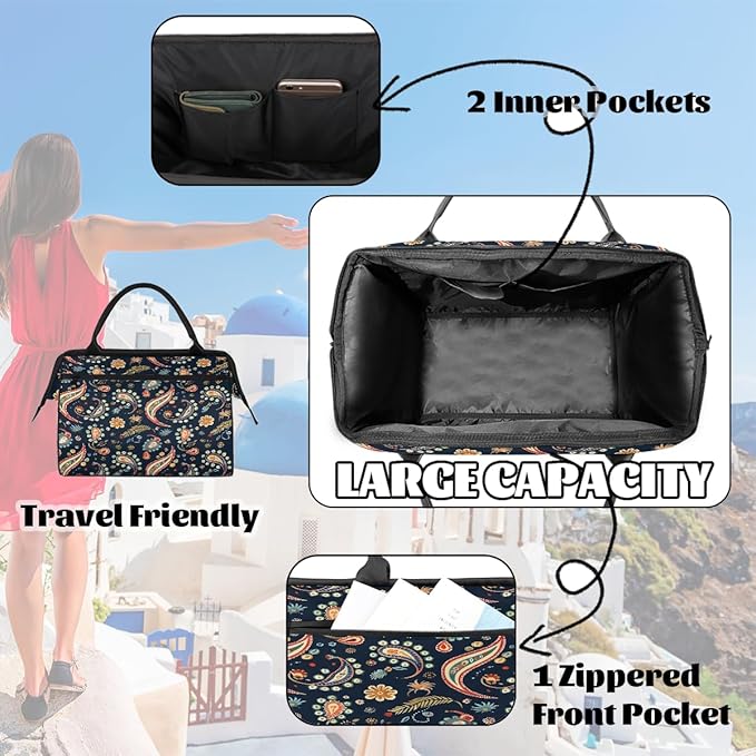 Travel Duffle Bag, Ethnic Paisley Flower Overnight Weekender Tote Bag for Women Men Waterproof Carry On Luggage with Zipper Lightweight Sport Gym Bag for Traveling Yoga Camping Traveling Gifts