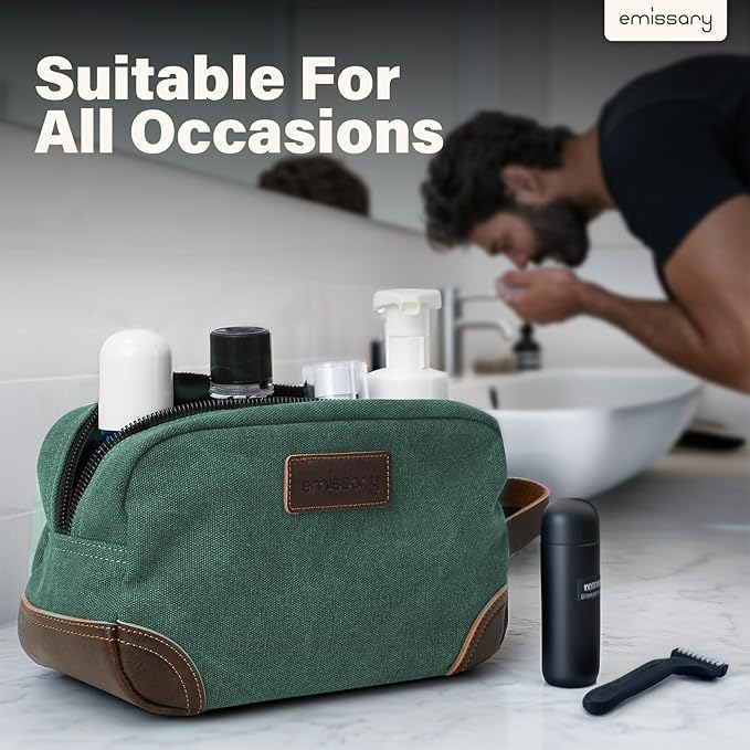 emissary Men's Toiletry Bag, Leather and Canvas Travel Toiletry Bag, Dopp Kit for Men, Travel Bathroom Bag Men's Shaving Kit, Travel Kit Small Bags for Men, Shaving Bag for Travel Accessories (Green)