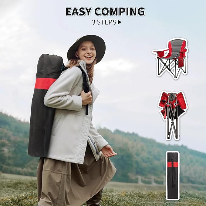 Oversized Padded Camping Chairs for Adults,Heavy Duty Support 400 Lbs,Folding Portable Lawn Chair w/Cup Holder,Cooler Bag,Side Pocket,Perfect for Outdoor Picnic,Hiking(Red)